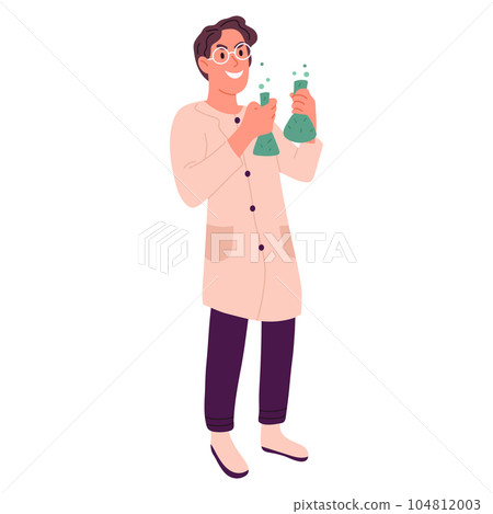 Halloween crazy scientist carnival costume. Young men wearing funny masquerade costume flat vector illustration Halloween crazy scientist carnival costume. Young men wearing funny masquerade costume flat vector illustration 104812003