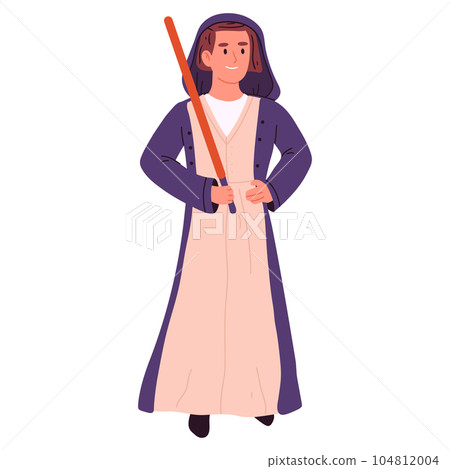 Halloween funny jedi costume. Young men wearing carnival masquerade costume flat vector illustration Halloween funny jedi costume. Young men wearing carnival masquerade costume flat vector illustration 104812004