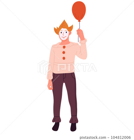 Halloween spooky clown costume. Young men wearing funny carnival masquerade costume flat vector illustration Halloween spooky clown costume. Young men wearing funny carnival masquerade costume flat vector illustration 104812006