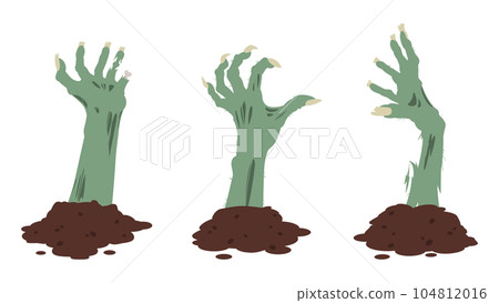 Zombie scrawny hands. Cartoon spooky monsters bony arms sticking out of ground, Halloween creepy hands decoration flat vector illustration set Zombie scrawny hands. Cartoon spooky monsters bony arms sticking out of ground, Halloween creepy hands decoration flat vector illustration set 104812016