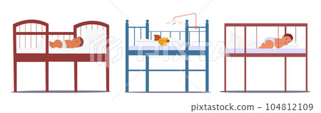 Baby Characters Sleeps Peacefully In A Secure Cot, Surrounded By Soft Bedding And A Comforting Environment 104812109