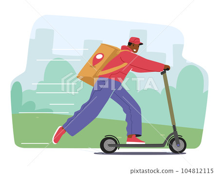 Speedy Courier Character Riding On Scooter For Quick And Efficient Deliveries Service. Zoom Through Traffic 104812115