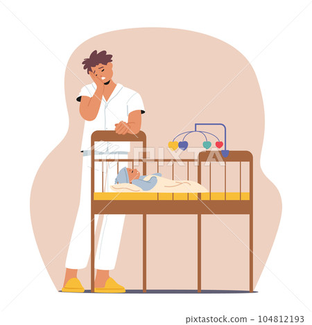 Exhausted Man Character Struggles Near Crying Baby In Cot, Seeking Solace Amidst The Chaos Of Parenthood 104812193