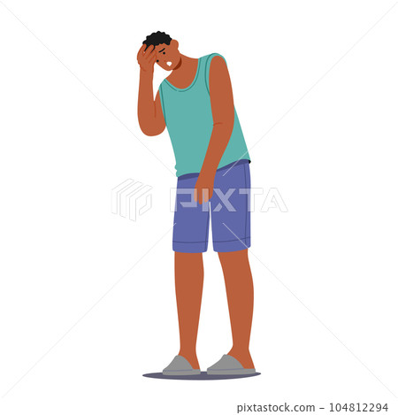 Exhausted Man In Slippers And Comfortable Pajamas, Seeking Solace And Rest After A Long Day. Tired Young Father Exhausted Man In Slippers And Comfortable Pajamas, Seeking Solace And Rest After A Long Day. Tired Young Father 104812294