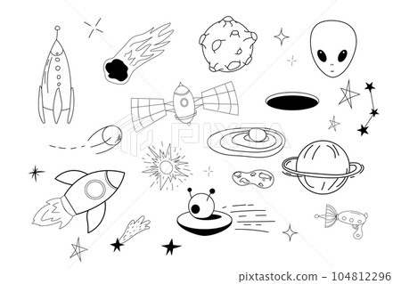 Set space elements ufo spaceship, rocket, satellite, stars and planets in doodle style isolated. Hand drawn collection  104812296