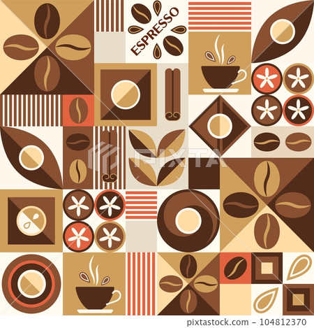 Coffee theme background with design elements in geometric style. Seamless pattern with icons, abstract shapes. Good for branding, decoration of food package, cover design, decorative print, background 104812370