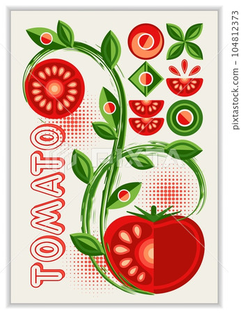 Vertical poster with tomato, abstract geometric shapes, paint brush strokes. Good for branding, decoration of food package, cover design, decorative print, background, wall decoration Vertical poster with tomato, abstract geometric shapes, paint brush strokes. Good for branding, decoration of food package, cover design, decorative print, background, wall decoration 104812373