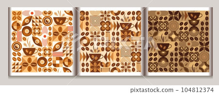 Coffee theme seamless patterns in simple geometric style with abstacr shapes. Light, medium, dark roast level coffee For branding, decoration of food package, cover design, prints, background Coffee theme seamless patterns in simple geometric style with abstacr shapes. Light, medium, dark roast level coffee For branding, decoration of food package, cover design, prints, background 104812374