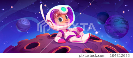 Cute astronaut kid lying on alien planet Cute astronaut kid lying on alien planet 104812653