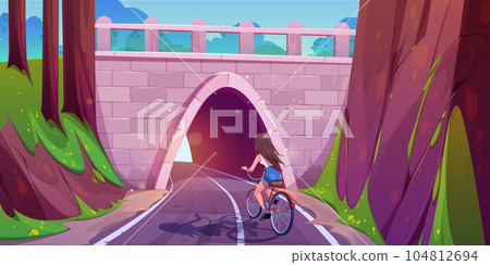 Girl ride bicycle on tunnel entrance road cartoon 104812694