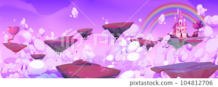 Purple fantasy sky with island and magic castle Purple fantasy sky with island and magic castle 104812706