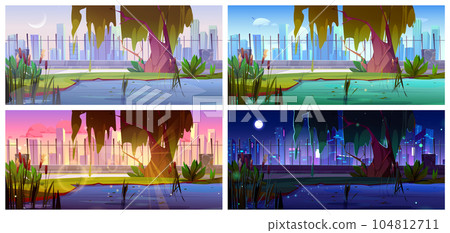 Swamp in city park with reed and grass cartoon 104812711
