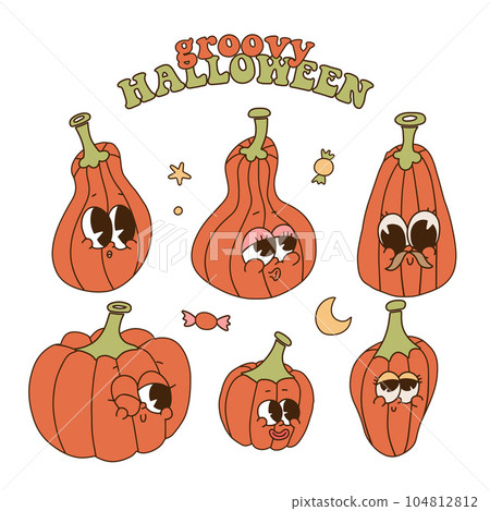 Funny retro cartoon pumpkin mascots, pumpkins groovy character set, cute Halloween or Thanksgiving set, funny vegetables in retro style. Contour 80s-90s retro illustration. 104812812