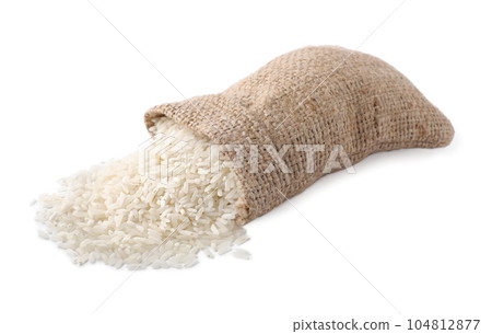 Uncooked rice in bag isolated on white Uncooked rice in bag isolated on white 104812877