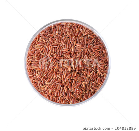 Brown rice in jar isolated on white, top view Brown rice in jar isolated on white, top view 104812889