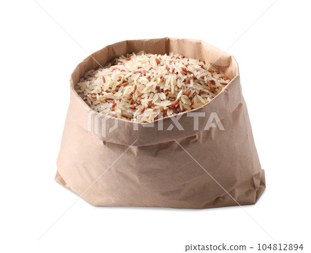 Mix of brown and polished rice in paper bag isolated on white Mix of brown and polished rice in paper bag isolated on white 104812894