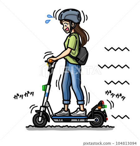 Illustration material of a woman running on an electric kickboard on a bumpy road Illustration material of a woman running on an electric kickboard on a bumpy road 104813094