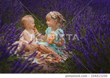 two sisters on a picnic in a lavender field 104813200