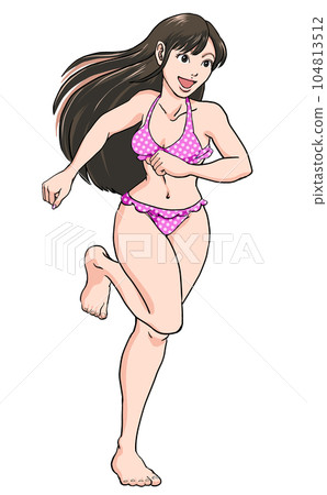 一個穿著泳衣_粉紅色比基尼開心奔跑的年輕女孩 104813512