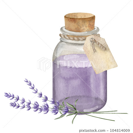 Lavender Essential Oil. Hand drawn watercolor illustration of vintage Bottle for aromatherapy on white isolated background. Drawing of old Flacon with Flowers for cosmetic or alternative medicine. Lavender Essential Oil. Hand drawn watercolor illustration of vintage Bottle for aromatherapy on white isolated background. Drawing of old Flacon with Flowers for cosmetic or alternative medicine. 104814009