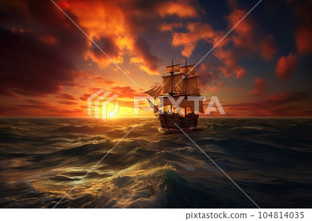 Small sailing ship in the open sea at sunset. 104814035
