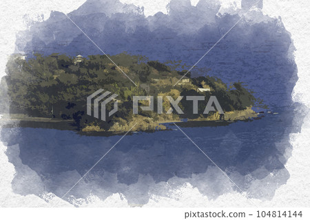 從兵庫縣相生市毛府花萬葉岬看的水彩風格室津半島 從兵庫縣相生市毛府花萬葉岬看的水彩風格室津半島 104814144
