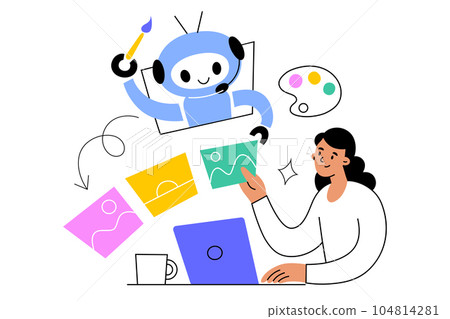 AI draws pictures, generates illustrations for designer, artificial intelligence creates illustrations, person with laptop takes drawings from robot, hand drawn composition, vector illustration AI draws pictures, generates illustrations for designer, artificial intelligence creates illustrations, person with laptop takes drawings from robot, hand drawn composition, vector illustration 104814281