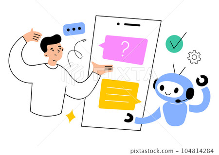 Ai chat application. Conversation with artificial intelligence. Robot helps human answer question. Online support, customer service. Man asks bot, hand drawn composition. Vector illustration Ai chat application. Conversation with artificial intelligence. Robot helps human answer question. Online support, customer service. Man asks bot, hand drawn composition. Vector illustration 104814284