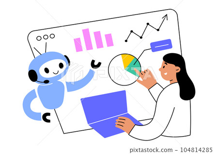 AI analyzing data. Robot helps human work with statistics and information. Artificial intelligence application. Woman with laptop looks at diagram, chart. Hand drawn composition, vector illustration 104814285