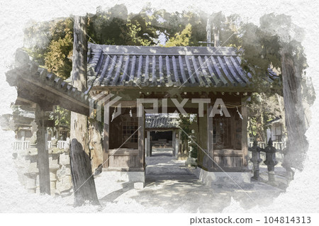 水彩風格由香神社瑞神門，岡山縣和氣町 104814313