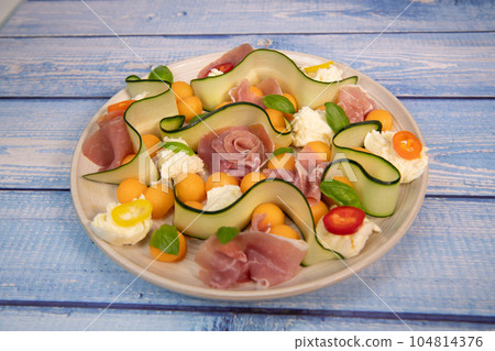 RECIPE FOR MELON, MOZARELLA, BASIL AND CURED HAM SALAD, CUCUMBER SLICE, ORANGE VINAIGRETTE RECIPE FOR MELON, MOZARELLA, BASIL AND CURED HAM SALAD, CUCUMBER SLICE, ORANGE VINAIGRETTE 104814376