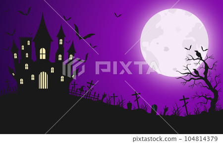 Creepy Halloween background with a castle. Bats flying against the backdrop of the moon. Halloween design. Vector illustration. 104814379