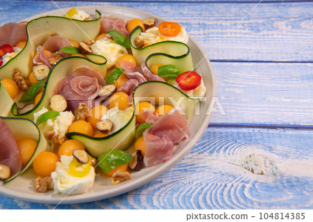 RECIPE FOR MELON, MOZARELLA, BASIL AND CURED HAM SALAD, CUCUMBER SLICE, ORANGE VINAIGRETTE RECIPE FOR MELON, MOZARELLA, BASIL AND CURED HAM SALAD, CUCUMBER SLICE, ORANGE VINAIGRETTE 104814385