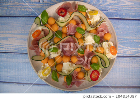 RECIPE FOR MELON, MOZARELLA, BASIL AND CURED HAM SALAD, CUCUMBER SLICE, ORANGE VINAIGRETTE RECIPE FOR MELON, MOZARELLA, BASIL AND CURED HAM SALAD, CUCUMBER SLICE, ORANGE VINAIGRETTE 104814387