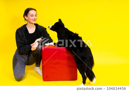 Woman walking and getting exercise for both herself and her border collie dog. Woman walking and getting exercise for both herself and her border collie dog. 104814456