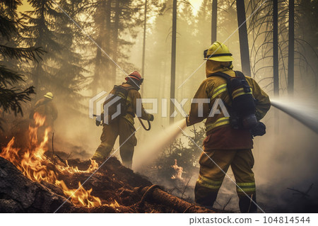 Firefighters battling forest fire. Natural disaster accident. Generative AI 104814544