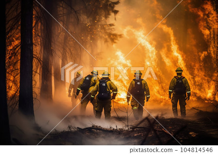 Firefighters battling forest fire. Natural disaster accident. Generative AI 104814546
