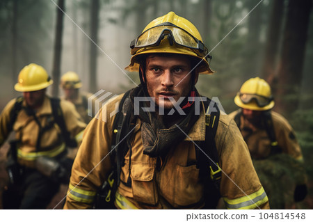 Firefighters battling forest fire. Natural disaster accident. Generative AI Firefighters battling forest fire. Natural disaster accident. Generative AI 104814548