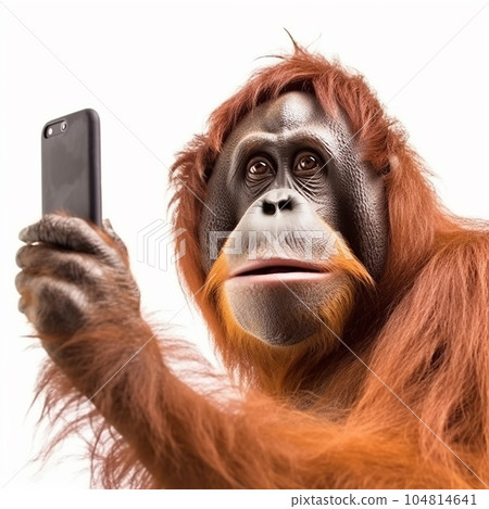 Orangutan takes selfie, monkey takes picture of himself with smartphone. Close-up on white background Orangutan takes selfie, monkey takes picture of himself with smartphone. Close-up on white background 104814641
