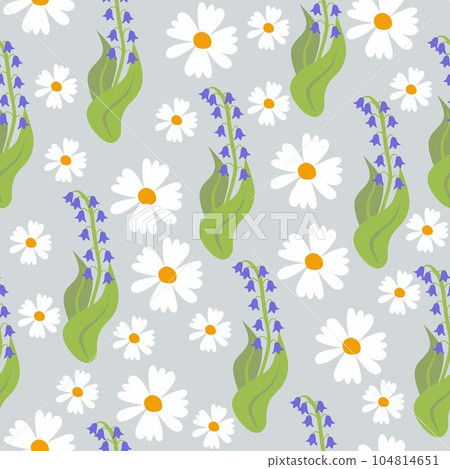 Seamless pattern with blue and yellow flowers. Ornamental folk art. Chamomile and bells flowers. 104814651