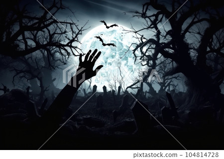 Zombie hand rises from the graveyard on a creepy night. Generative AI 104814728
