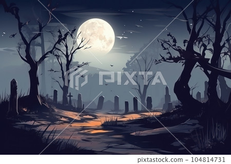 Graveyard in creepy forest in dark night gloomy creepy graves. Generative AI 104814731