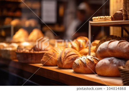 A bakery store with bread and pastries. Different kinds of bread, cakes and buns. Generative AI A bakery store with bread and pastries. Different kinds of bread, cakes and buns. Generative AI 104814868