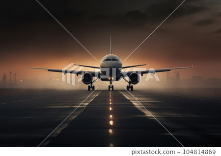 A white airplane is on the runway in the mist. Commercial plane is landing. Generative AI A white airplane is on the runway in the mist. Commercial plane is landing. Generative AI 104814869