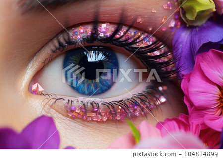 High fashion eye makeup with flowers. Beautiful holiday makeup close up. Generative AI 104814899