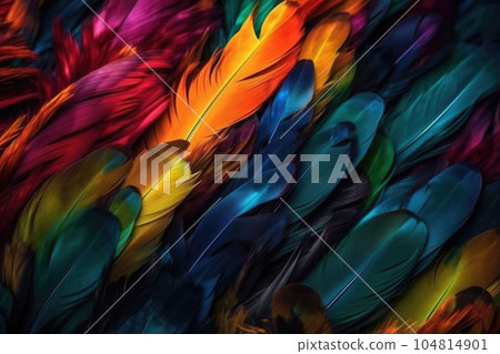 Colorful feathers background. Feather pattern. Collage print with feather texture. Generative AI 104814901