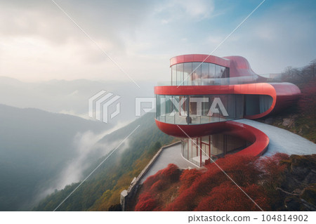 Futuristic cantilever circular arc shaped house in the mountains. Steel fluid geometry Generative AI 104814902