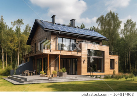 Solar panels on a gable roof. Beautiful, large modern house and solar energy. Generative AI 104814908