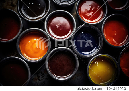 Set of different bowls of various dip sauces. Top view. Generative AI 104814920