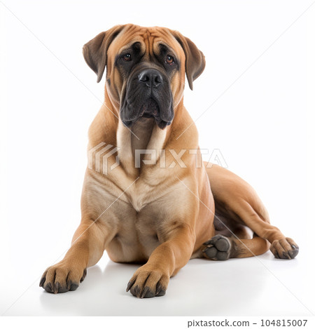 Boerboel dog close up portrait isolated on white background. Brave pet, loyal friend, good companion,  104815007